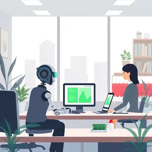 illustration of an AI writing catchy PPC ad texts based on top-searched keywords, animated green highlights, digital marketing desk, text-free