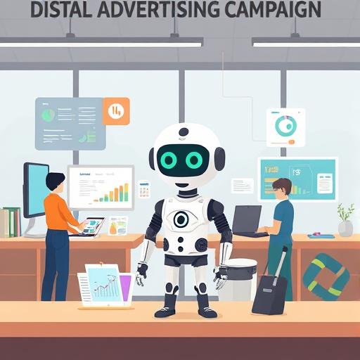cartoon style illustration of AI agent automating a digital advertising campaign, dashboards and marketing icons, high-tech vibe, no text
