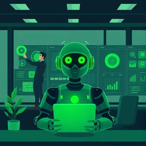 animated illustration of AI agent automating digital marketing tasks, chatbot icons, time management symbols, dashboard scene, green and dark theme, no text