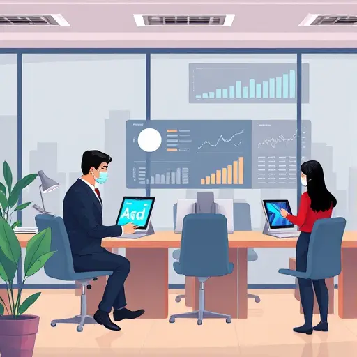 cartoon style illustration of users interacting with AI-driven ads on digital devices, animated engagement charts, Iran-inspired tech theme, text-free