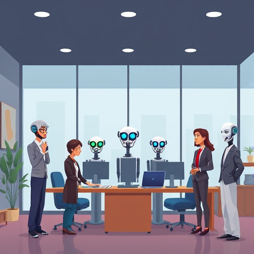 cartoon illustration, multiple AI models (represented as colorful icons)