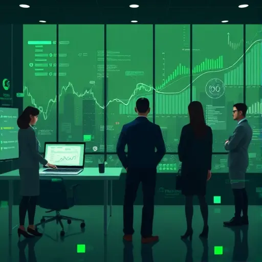 abstract animated illustration of real-time data flow with digital charts, AI elements analyzing financial trends, cinematic composition, green and dark color palette, no text