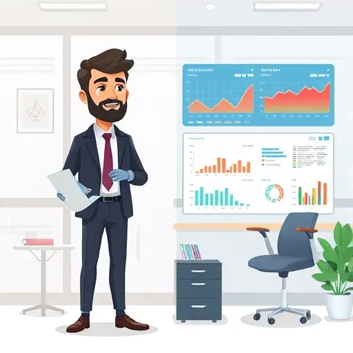 cartoon style illustration comparing a classic analyst with paper and charts on one side and an animated AI dashboard on the other, showing faster and smarter analysis, no text