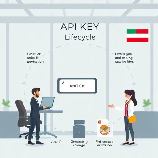 cartoon style diagram showing API key lifecycle: generation, secure storage (like vault or env file)