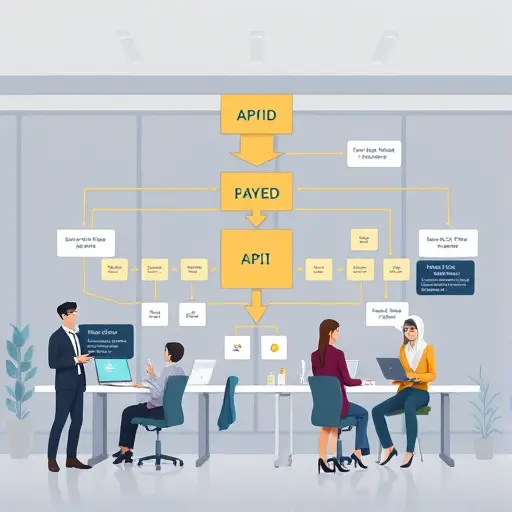 modern API architecture diagram illustration showing the flow between frontend, backend, and ChatGPT/GapGPT AI API, with animated code snippets and data exchange, text-