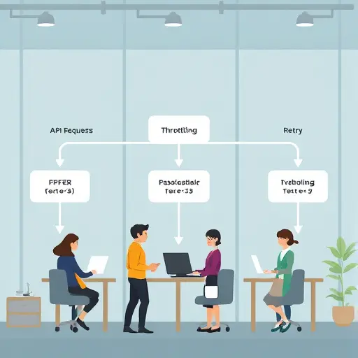 API request flow diagram, animated arrows showing throttling and retry-