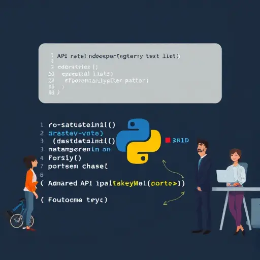 an animated flow of Python code handling API rate limits, digital warnings, exponential backoff pattern, retry arrows, clean dark background, text-free, programmer cartoon style