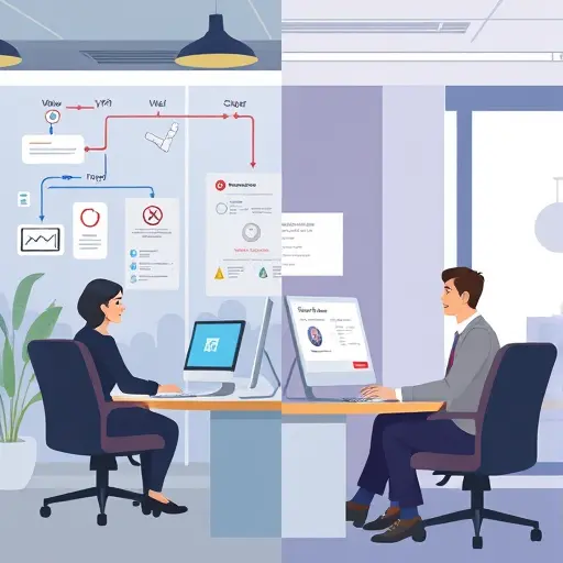 split-screen illustration, left side: complicated API flow with VPN and error warnings, right side:
