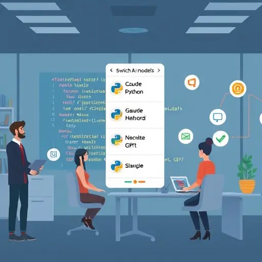 conceptual illustration showing a Python script with a dropdown menu for switching AI models (Claude, Gemini, GPT), fun cartoon tech style, code snippets, and interconnected model icons, no text