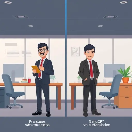 animated comparison illustration showing two API authentication workflows: one complex with extra steps (OpenAI + VPN)(GapGPT)