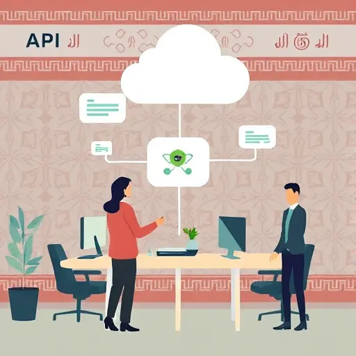 minimalist illustration of an API chat bot, Node.js backend icon connected to cloud AI, chat bubbles flowing, Iranian pattern background, text-free, modern