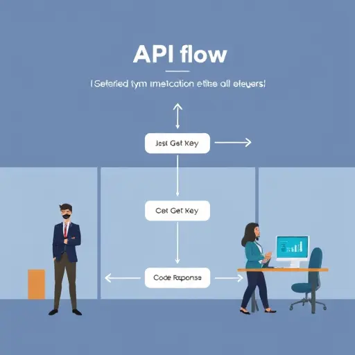 step-by-step cartoon API integration flowchart, animated arrows showing each stage (register, get key, code, response)