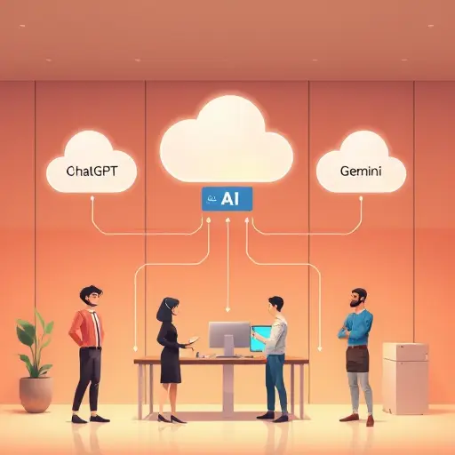 animated illustration of a central AI API gateway (GapGPT) branching out to cloud AI engines labeled ChatGPT, Claude, Gemini;