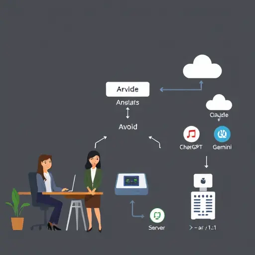 illustrated API request flow: one code snippet, flexible model switch via parameter, branching arrows to multiple AI engines (ChatGPT, Claude, Gemini), server/cloud icons, text-