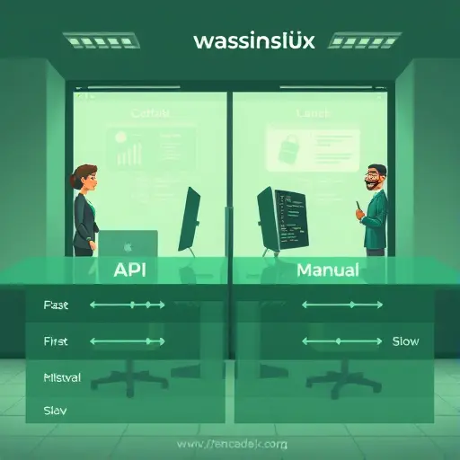 modern API vs manual coding comparison table illustration, cartoon style, split view showing fast automated code generation versus slow manual hand coding, using abstract interfaces, accent on green and dark tones, no text