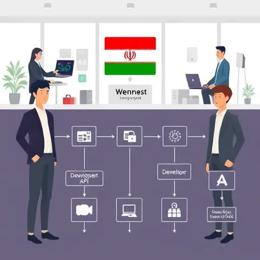 API automation for front-end development, symbolic workflow chart: developer → AI API () → code blocks for HTML/CSS, high-