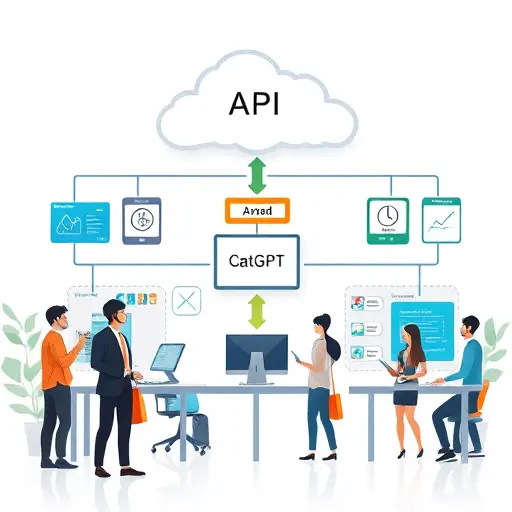 modern API architecture diagram illustration, animated data flow visualization, ChatGPT-like cloud, frontend-to-AI-model integration flow, text-