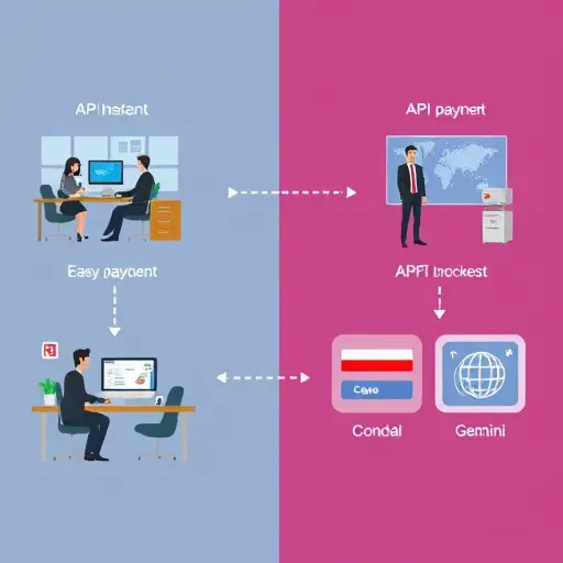 simple animated flowchart comparing API buying process: one path showing easy rials payment, instant access (GapGPT), another showing blocked, slow, and complex international payment (OpenAI, Claude, Gemini), with Iranian tech symbols, no text