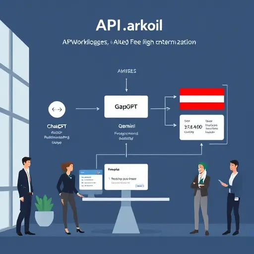 clean API workflow diagram, showing frontend app selecting AI model (ChatGPT, Claude, Gemini) via drop-down menu, sending request to GapGPT API and AI responses returning to user, text-