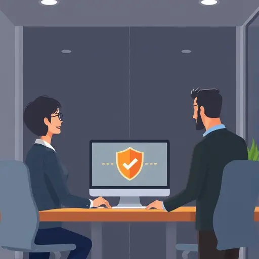 animated security checklist and shield icons, cartoon computer window showing .