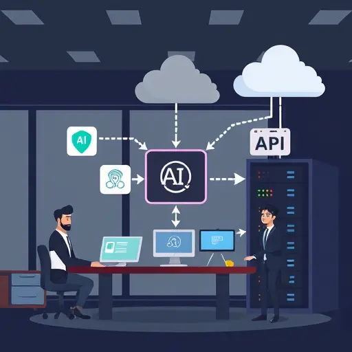 animated illustration of backend server connecting to multiple AI APIs (OpenAI and a local Iranian API), cartoon style, abstract server racks, data arrows between app, API and cloud, dark theme, text-free