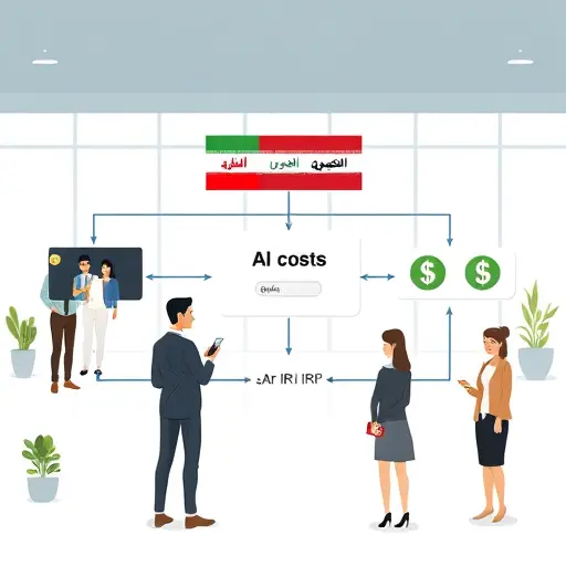 modern flowchart showing backend application calculating and comparing AI API costs, big currency symbols (dollar vs. IRR)