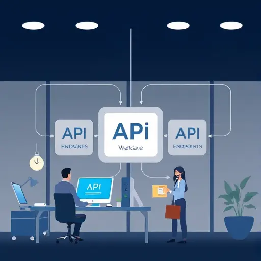 modern API architecture diagram illustration, animated data flow visualization showing backend server connecting to AI API endpoints, server-to-