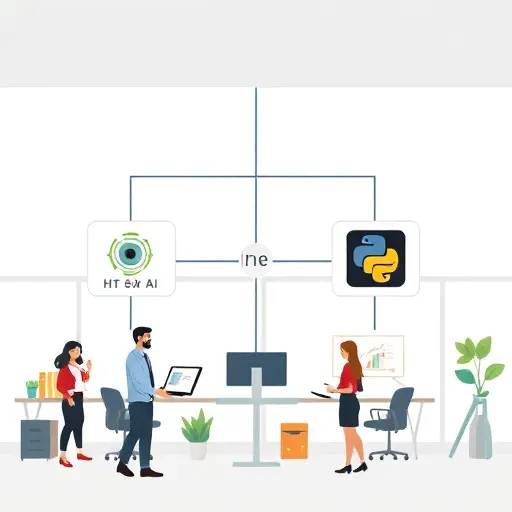 animated diagram showing Node.js and Python backend servers connecting to AI API endpoints, cartoon style, API request/