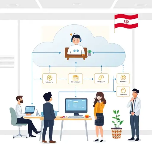 cartoon style cloud microservices diagram, user sends message, request flows to API gateway, then to multiple AI-powered microservices (chatbot, recommender, sentiment), icons of programming and Iranian symbols, no text