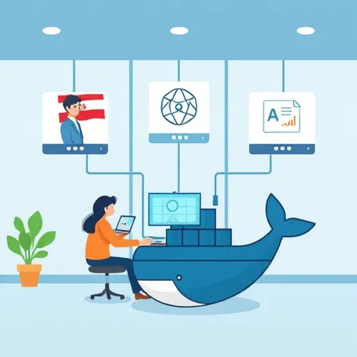 animated docker-compose microservices setup illustration, container icons for chatbot service, recommendation engine, API gateway, backed by AI API cloud (GapGPT and ChatGPT)