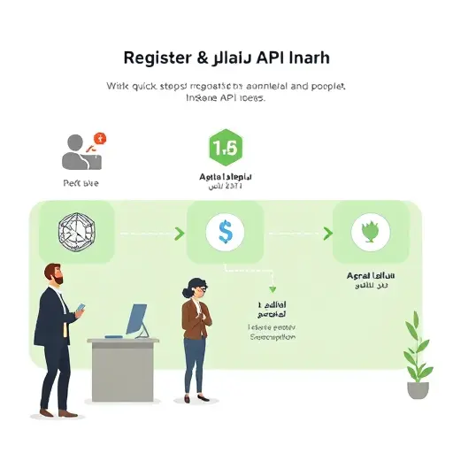 animated flowchart showing the quick steps to register and obtain an API key, cartoon style, clean icons, green accent color, no text on images