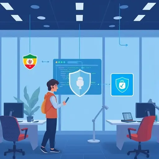 technology illustration showing a secure API request from Python code to server, animated style, shield icons, Iranian tech color palette, clean layout, text-free