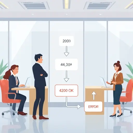 animated API response flow chart, arrows showing 200 OK path, error branches for 429 and 401
