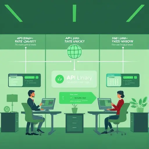cartoon style diagram showing API gateway with rate limiting mechanisms like token bucket and fixed window, code icons and digital counters, green and dark tech palette, no text