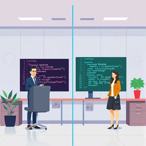 abstract illustration of code optimization process, before and after code blocks, symbolic AI elements, colorful and clean, text-free