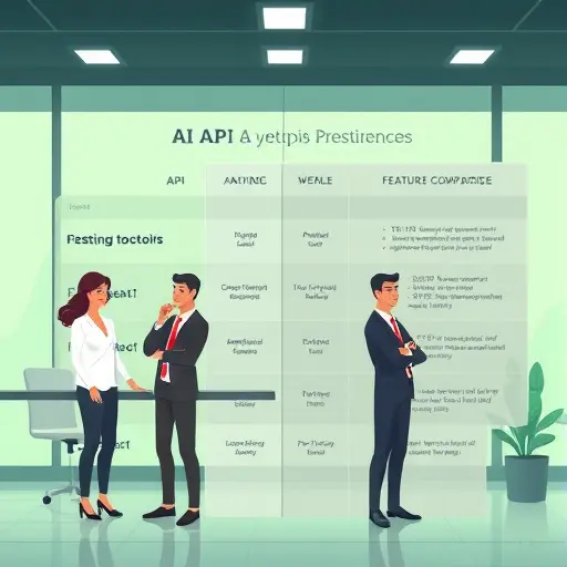 abstract representation of AI API features comparison, side-by-side feature table, cartoon-style, soft green and dark backgrounds, no text, futuristic design