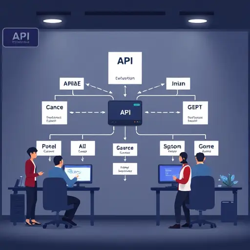 modern API architecture diagram illustration, showing code submission from various programming languages to an AI analysis server, data flow arrows, dark tech theme, text-free