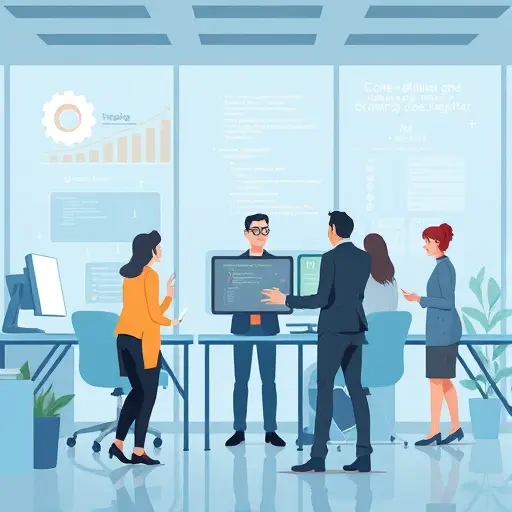 abstract illustration of code review process, multiple programming languages, AI-