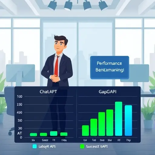 performance benchmarking chart illustration, comparing ChatGPT API and GapGPT API in terms of latency, success rate, and throughput, animated cartoon tech style, green and blue bars, text-free