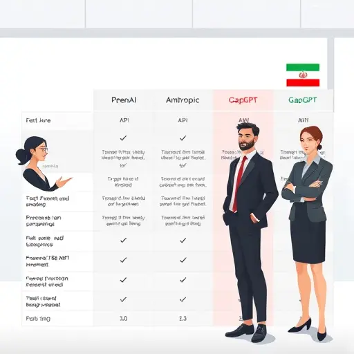 professional API comparison table illustration, showing feature and price matrix of AI API providers, OpenAI, Anthropic, GapGPT, with Iranian currency and