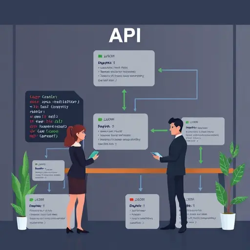 modern infographic showing code sent to an API, JSON blocks with fields like description and parameters, arrows showing data flow, green accent, no text