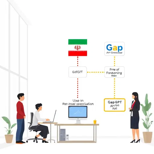 API integration architecture diagram, showing a user in Iran connecting directly to GapGPT AI API servers, two routes (with VPN/crossed out, and direct access highlighted)