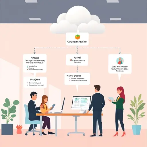 animated code review workflow diagram, team submitting pull request, AI API cloud analyzes and returns issues and suggestions, Git & CI/CD motifs, cartoon style, no text