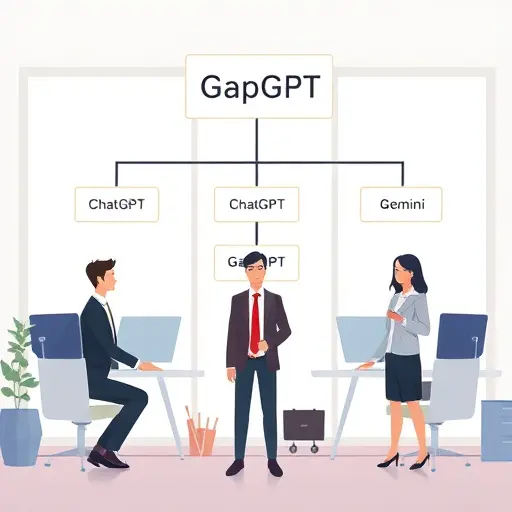 architecture diagram illustration: single API endpoint (GapGPT) splits to three backends, labeled ChatGPT, Claude, Gemini;