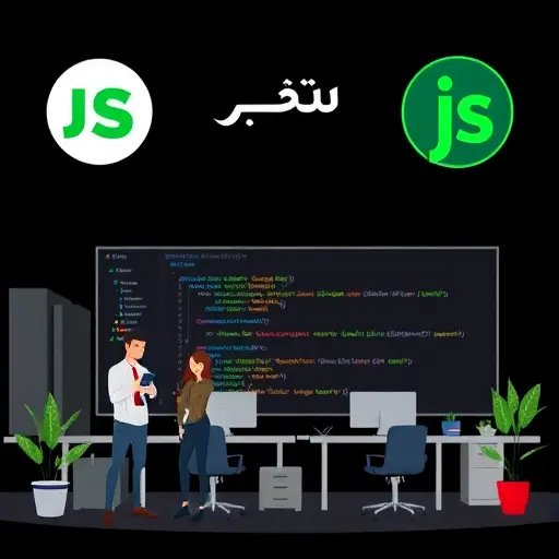 .js logos, showing command lines for installing packages, animated setup illustration, black background, green accent, text-free