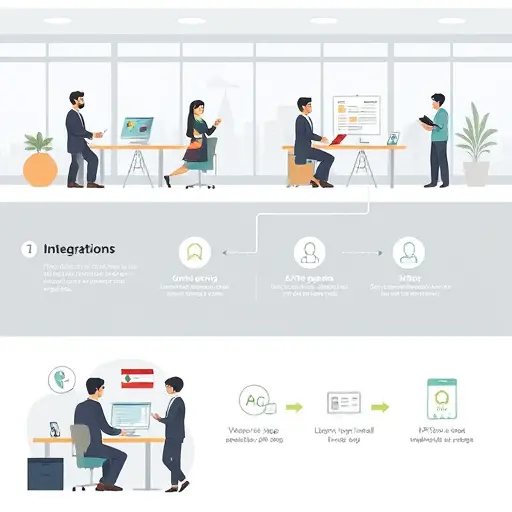 step-by-step graphical workflow, animated cartoon style, showing integration steps from account sign-up, API key retrieval, library install, API call, and AI response usage in an Iranian app workflow, text-free