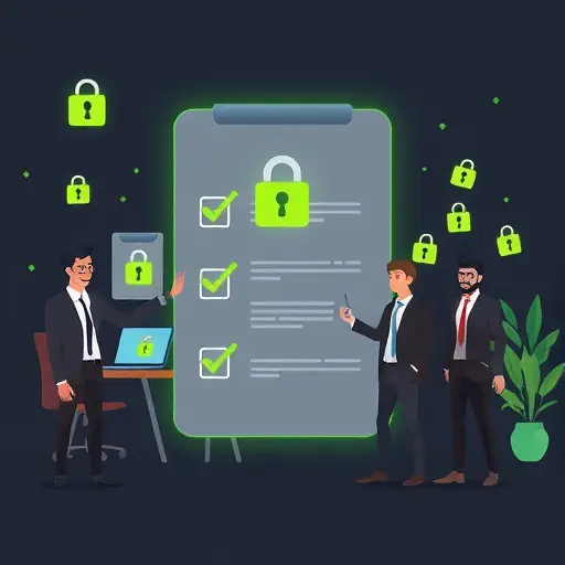 illustration of a digital checklist with security lock icons, animated coding elements, green accent on dark background, representing AI API security audit task, no text