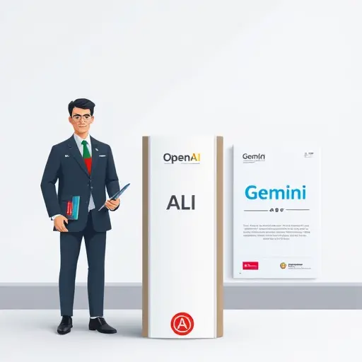abstract tech illustration showing side-by-side documentation books for different AI APIs (OpenAI, GapGPT, Gemini)