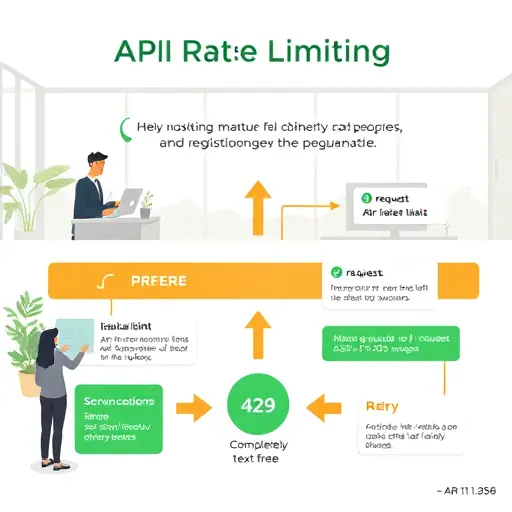 animated infographic illustrating API rate limiting flow, requests being throttled, server returning 429 errors, retry logic illustrated with retry arrows, green and amber accent, tech cartoon style, text-free