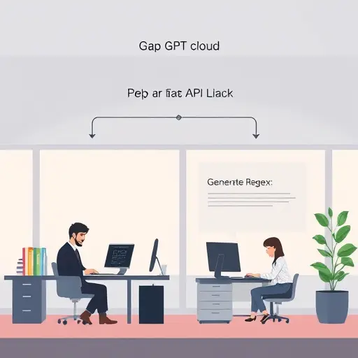 step-by-step cartoon diagram: user submits Farsi prompt in web/mobile app, backend (Django/Laravel/Express) sends to GapGPT API cloud, AI model generates regex, backend receives and applies regex for validation/